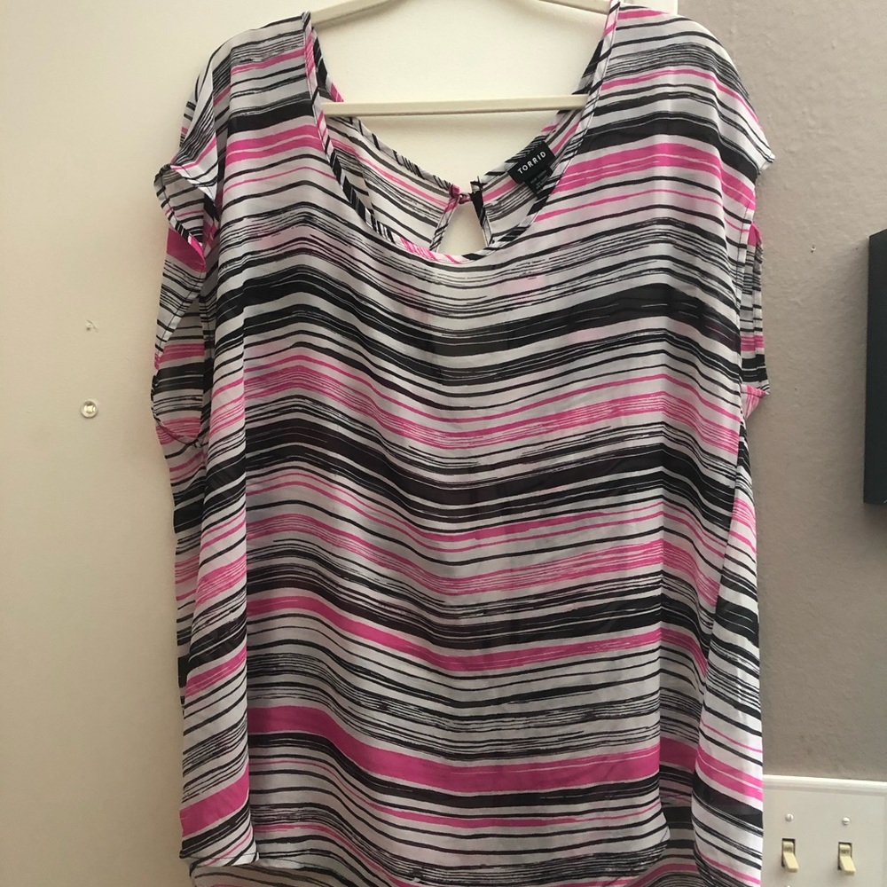 Pink, black, white striped blouse.